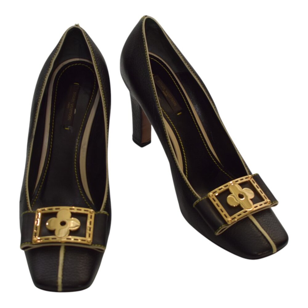 Louis Vuitton Black Leather Gold Flower Buckled Square Toe Pumps size 39,5